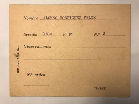 Primera imagen del registro Tarjeta para realizar pedidos, Félix Alonso Rodríguez