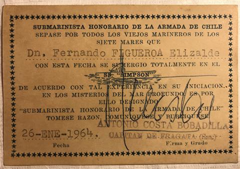 Primera imagen del registro Credencial de Submarinista Honorario de la Armada de Chile de Fernando Figueroa Elizalde