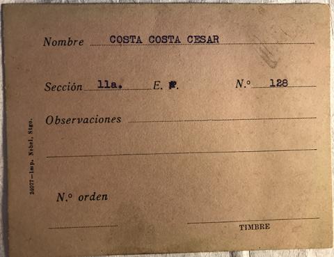 Primera imagen del registro Tarjeta para realizar pedidos, César Costa Costa
