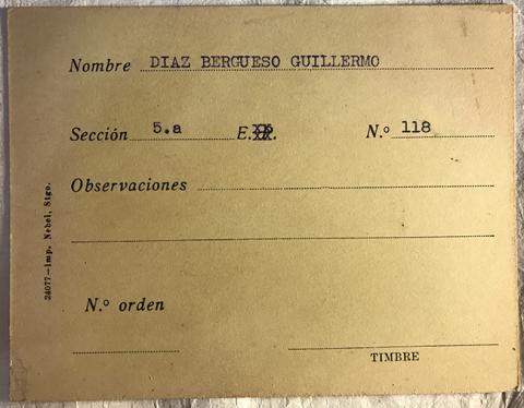 Primera imagen del registro Tarjeta para realizar pedidos, Guillermo Díaz Bergueso