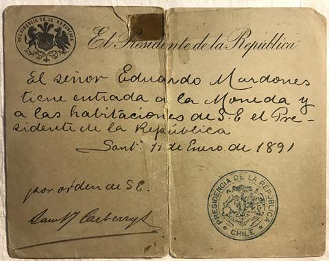 Primera imagen del registro Autorización del Presidente de la república José Manuel Balmaceda, otorga acceso a la Moneda a Eduardo Mardones