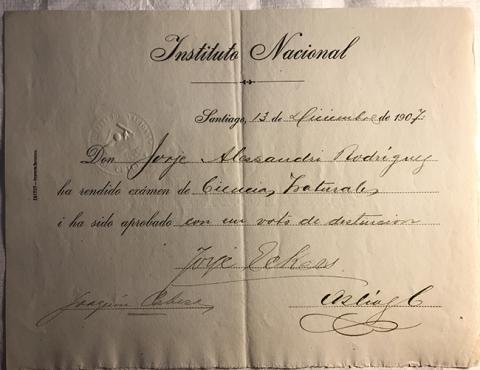 Primera imagen del registro Rendición de examen de Ciencias Naturales de Jorge Alessandri Rodríguez