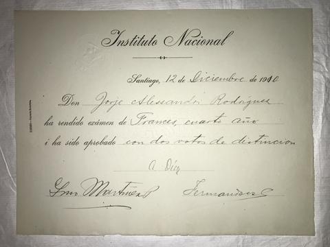 Primera imagen del registro Diploma Rendición de examen de Francés, 4to año de Jorge Alessandri Rodríguez