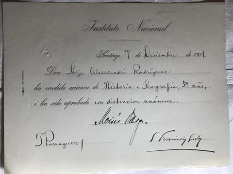 Primera imagen del registro Diploma Rendición de examen de Historia y Geografía, 5to año de Jorge Alessandri Rodríguez