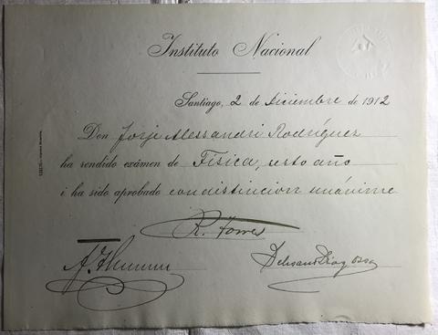 Primera imagen del registro Diploma Rendición de examen de física 6to año de Jorge Alessandri Rodríguez