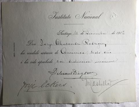 Primera imagen del registro Diploma rendición de examen de Química 6to año de Jorge Alessandri Rodríguez