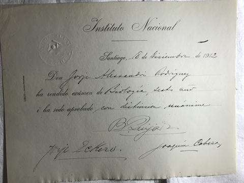 Primera imagen del registro Diploma Rendición de examen de Biología 6to año de Jorge Alessandri Rodríguez