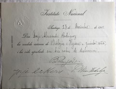 Primera imagen del registro Diploma rendición de examen de Biología e Higiene, 5to año de Jorge Alessandri Rodríguez