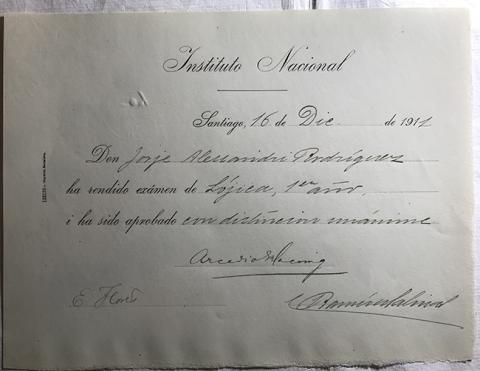 Primera imagen del registro Diploma Rendición de examen de Lógica , 1er año de Jorge Alessandri Rodríguez