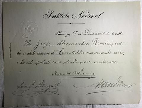 Primera imagen del registro Diploma Rendición de examen de Castellano, 4to año de Jorge Alessandri Rodríguez