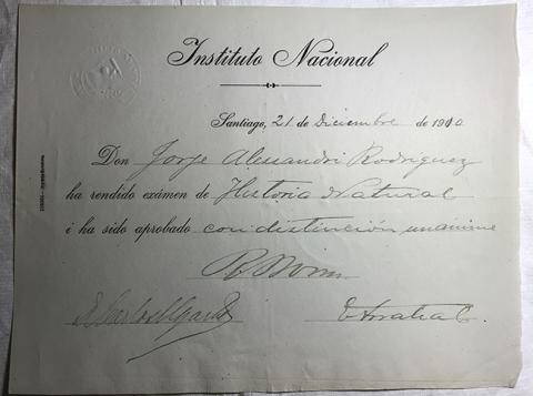 Primera imagen del registro Diploma Rendición de examen de Historia Natural de Jorge Alessandri Rodríguez