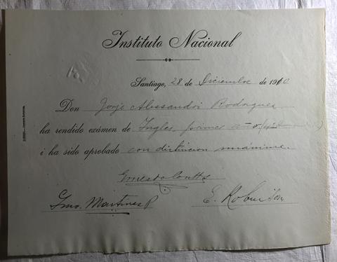 Primera imagen del registro Diploma Rendición de examen de Inglés, 1er año de Jorge Alessandri Rodríguez