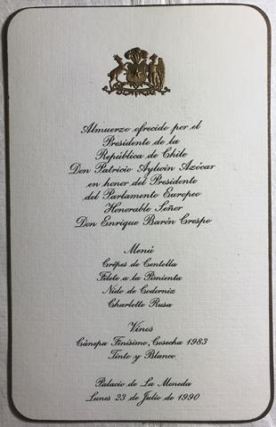 Primera imagen del registro Menú de almuerzo ofrecido en el Palacio de la Moneda
