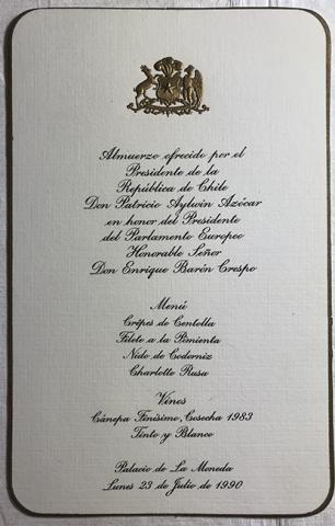 Primera imagen del registro Menú de almuerzo ofrecido por Patricio Aylwin Azócar, Presidente de la República, en honor al Presidente del Parlamento Europeo Enrique Barón Crespo
