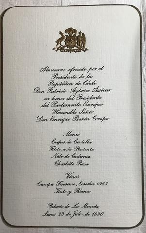 Primera imagen del registro Menú de almuerzo ofrecido en el Palacio de la Moneda