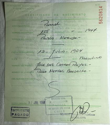 Primera imagen del registro Certificado de nacimiento de Pablo Neruda