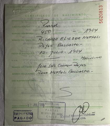 Primera imagen del registro Certificado de nacimiento de Pablo Neruda