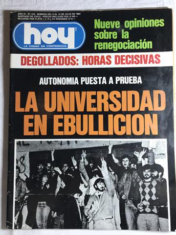 Primera imagen del registro Revista HOY año IX n°416 del 8 al 14 de julio de 1985. Degollados: Horas Decisivas