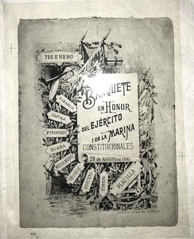 Primera imagen del registro Copia en mica de proyección de portada del menú banquete en honor del Ejército y de la Marina Constitucionales.