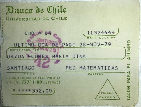 Primera imagen del registro Comprobante de pago de María Urzua Flores. Universidad de Chile. Noviembre 1979