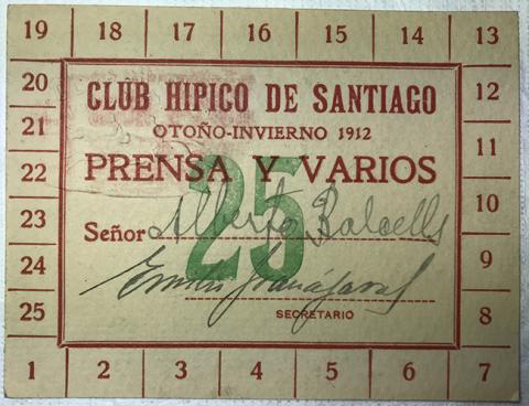 Primera imagen del registro Tarjeta de entrada para prensa y varios del Club Hípico de Santiago.
