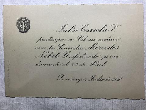 Primera imagen del registro Parte matrimonio de Julio Cariola V. y Mercedes Nebel G.