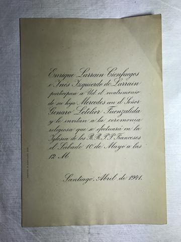 Primera imagen del registro Parte matrimonio, de Genaro Letelier Fuenzalida con Mercedes Larraín