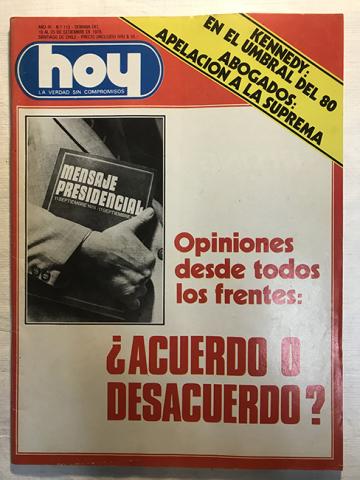 Primera imagen del registro Revista HOY año III n°113. 19 septiembre-25 septiembre 1979. Opiniones desde todos los frentes: ¿Acuerdo o Desacuerdo?