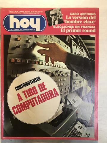 Primera imagen del registro Revista HOY año IV n°196. 22 abril-28 abril 1981. Contribuyentes a tiro de computadora