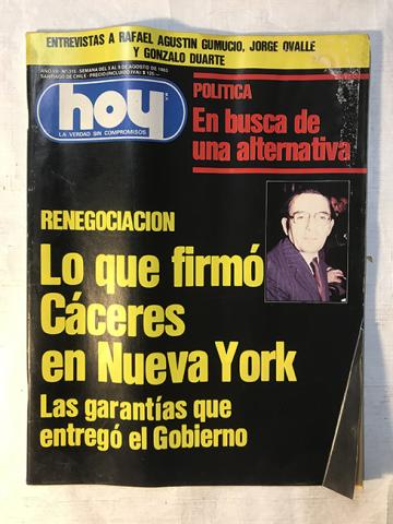 Primera imagen del registro Revista HOY año VII n°315. 3 agosto-9 agosto 1983. Lo que firmó Cáceres en New York
