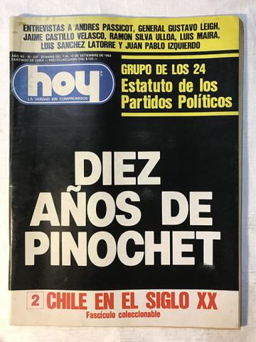 Primera imagen del registro Revista HOY año VII n°320. 7 septiembre-13 septiembre 1983. Diez años de Pinochet