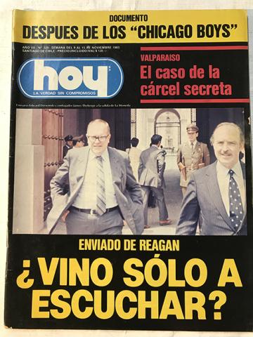 Primera imagen del registro Revista HOY año VII n°329. 9 noviembre-15 noviembre 1983. Enviado de Reagan ¿vino sólo a escuchar?
