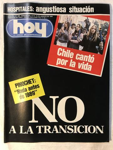 Primera imagen del registro Revista HOY año VIII n°369. 15 agosto-19 agosto 1984. NO a la transición