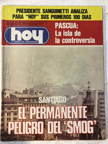 Primera imagen del registro Revista HOY año IX n°413. 17 junio-23 junio 1985. Santiago, el permanente peligro del "smog"