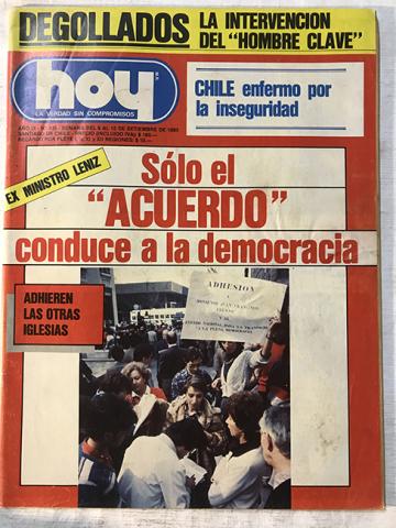 Primera imagen del registro Revista HOY año IX n°425. 9 septiembre-15 septiembre 1985. Sólo el "acuerdo" conduce a la democracia