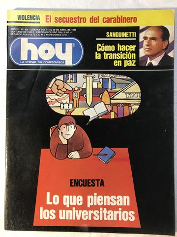 Primera imagen del registro Revista HOY año IX n°456. 14 abril-20 abril 1986. Encuesta, lo que piensan los universitarios