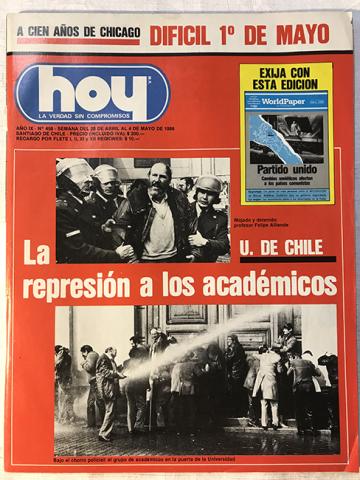 Primera imagen del registro Revista HOY año IX n°458. 28 abril-4 mayo 1986. La represión a los académicos