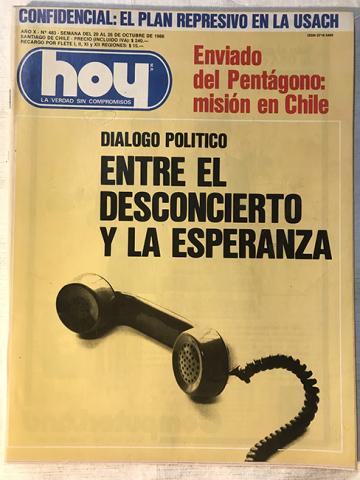 Primera imagen del registro Revista HOY año X n°483. 20 octubre-26 octubre 1986. Entre el desconcierto y la esperanza