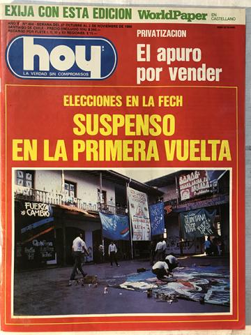Primera imagen del registro Revista HOY año X n°484. 27 octubre-2 noviembre 1986. Elecciones en la FECH, suspenso en la primera vuelta