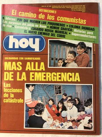Primera imagen del registro Revista HOY año XI n°523. 27 julio-2 agosto 1987. Más allá de la emergencia