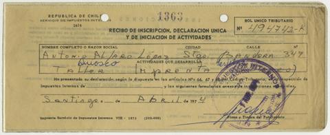Primera imagen del registro Recibo de Inscripción, declaración única y de iniciación de actividades de Antonio Alfaro López