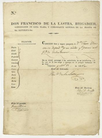 Primera imagen del registro Pasaporte a Juan Agustín Vives otorgado por el Gobernador Francisco De la Lastra de la Sotta