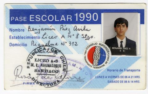 Primera imagen del registro Pase escolar 1990 perteneciente a Benjamín Páez