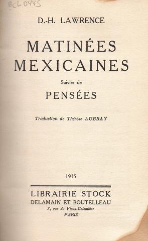 Primera imagen del registro Matinées Mexicanes. Suivies de Pensées