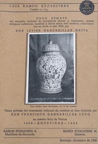 Primera imagen del registro Gran Remate del escogido conjunto de porcelanas chinas y japonesas, piezas antiguas auténticas, muebles y libros sobre esta materia, coleccionados en París el año 1889, por Don Javier Gandarillas Matta. Venta privada del interesante conjunto de cuadros