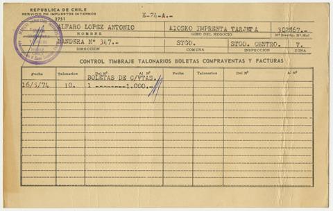 Primera imagen del registro Control de Timbraje talonarios boletas de Antonio Alfaro López