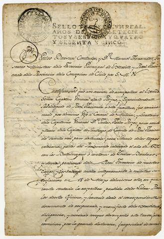 Primera imagen del registro Certifica que se trajo de Santiago la suma de 60000 pesos destinados para situado de las tropas veteranas...