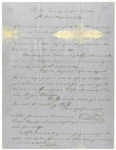 Primera imagen del registro Carta de Dominga Fuenzalida asu hijo Juan Próspero Córdova