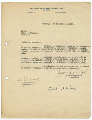 Primera imagen del registro Carta de Asociación de Mujeres Universitarias de Chile a Elena Caffarena