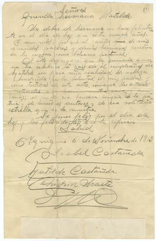 Primera imagen del registro Carta de Isabel Castañeda a Matilde Castañeda